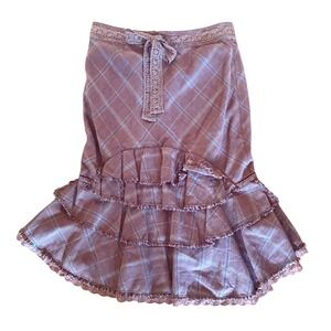 Vtg FREE PEOPLE Mauve Plaid Ruffle Skirt Lace Belt Victorian Y2K Cottage SMALL